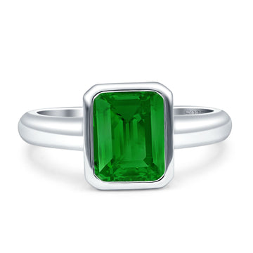 Bezel Set Emerald Engagement Ring 8mmx6mm Simulated Green Emerald CZ 925 Sterling Silver Wholesale